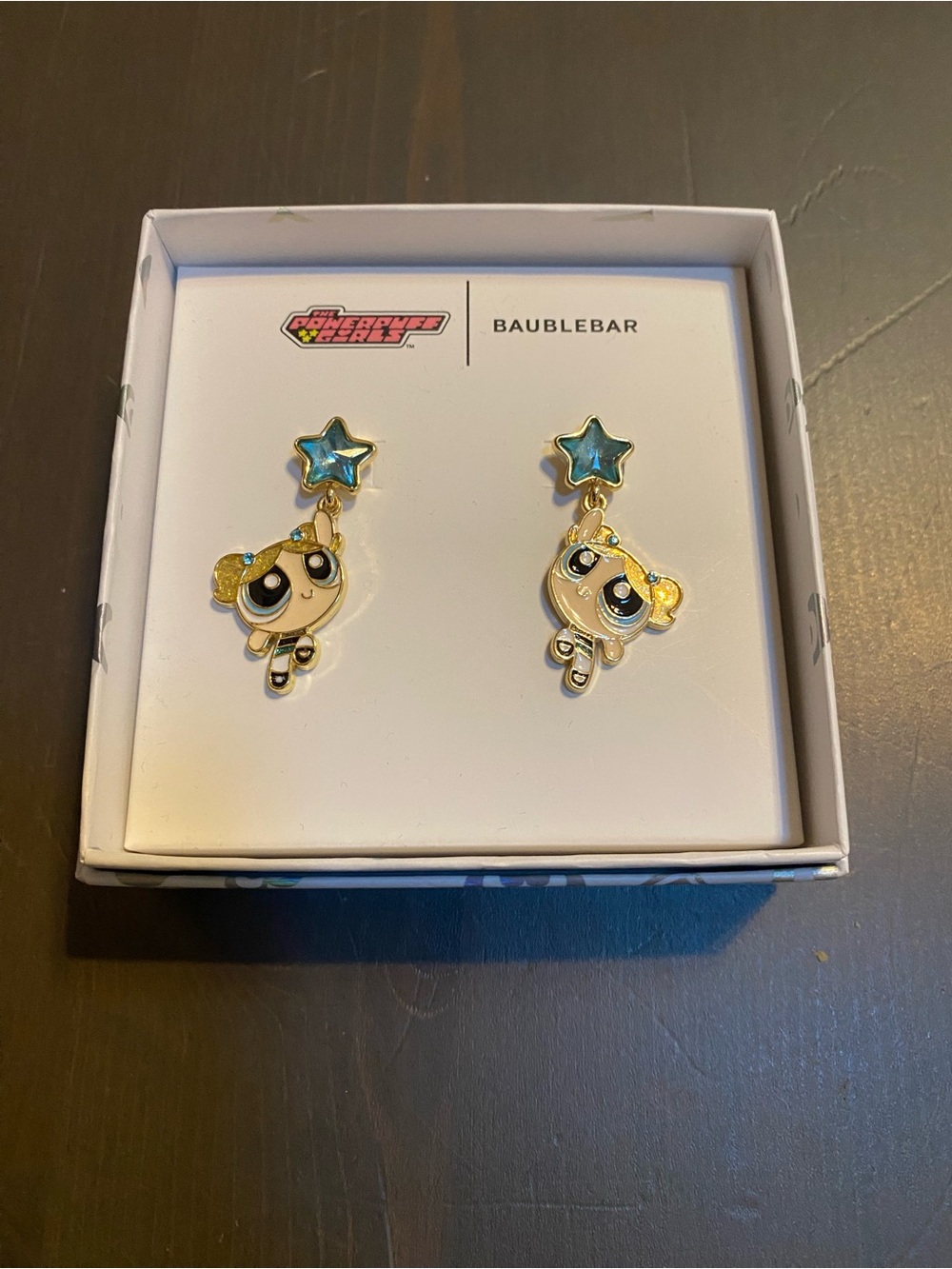 NIB BaubleBar x The Powerpuff Girls Bubbles Drop Earrings Gold Blue Star